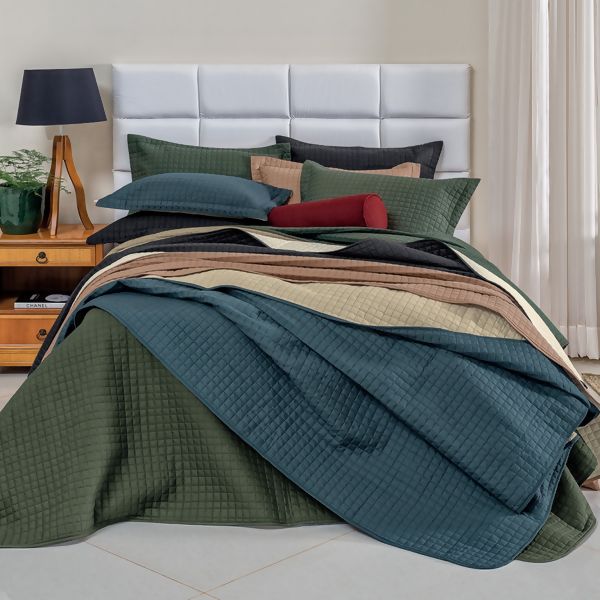 Cobre Leito / Colcha Plaza Microfibra Verde Malva com Palha Casal 3pç - Lavive